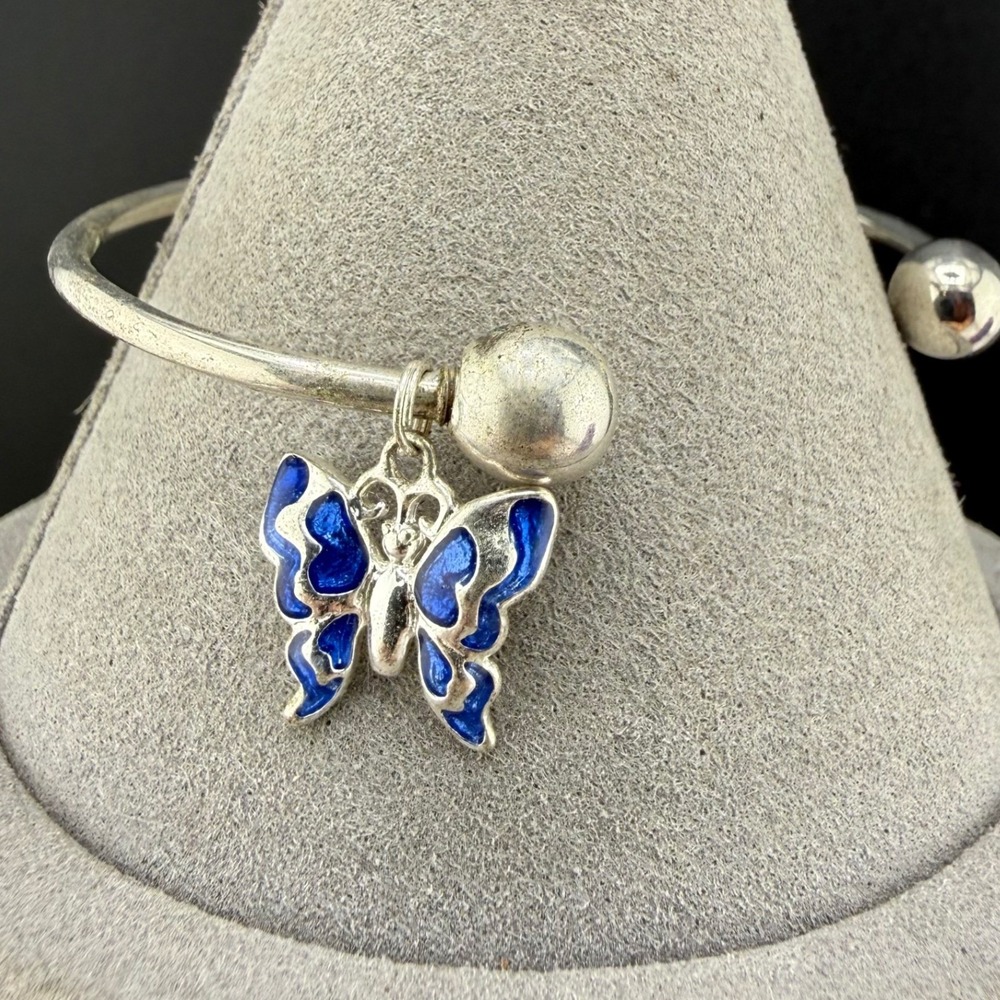 Vintage Sterling Silver Butterfly Cuff Bracelet Blue Enamel Bypass 6.5in